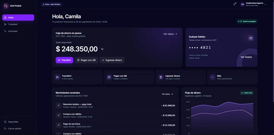 Panel del banco ficticio Guitash: saldo, tarjeta virtual, movimientos y flujo de dinero con datos de prueba