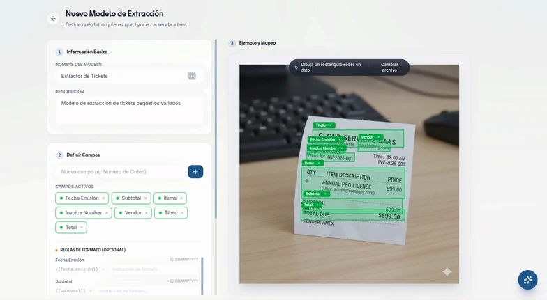 Configuración de un modelo de extracción en Lynceo: campos activos y mapeo sobre un ticket de ejemplo