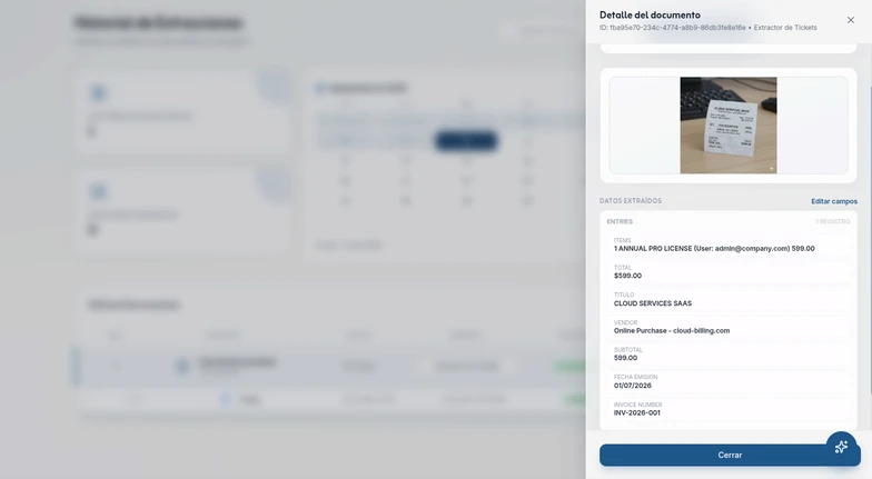 Detalle de un documento procesado en Lynceo, con los datos extraídos listos para exportar